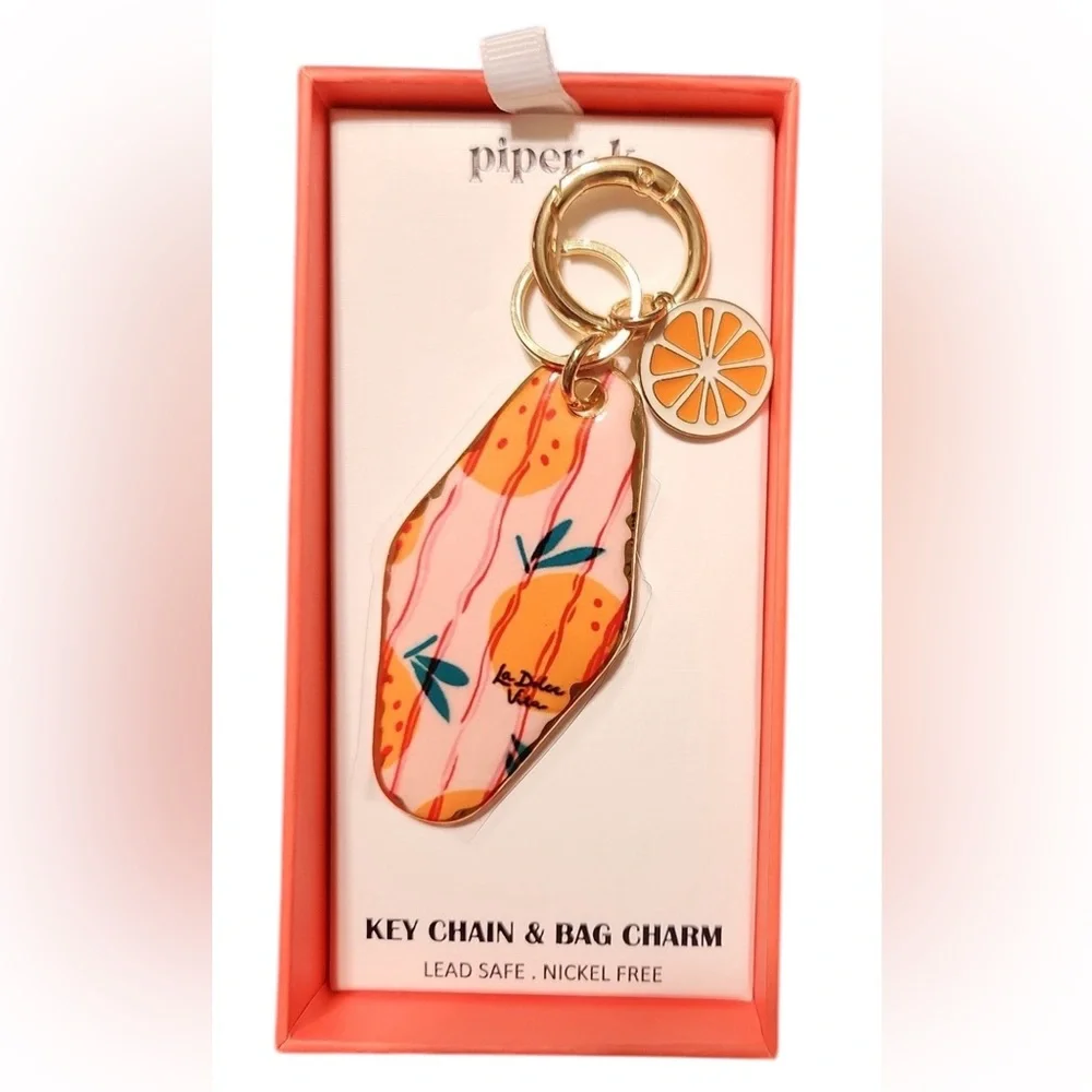 PIPER K Retro Style Motel Hotel Key La Dolce Vida Citrus Keychain Bag Charm NWT